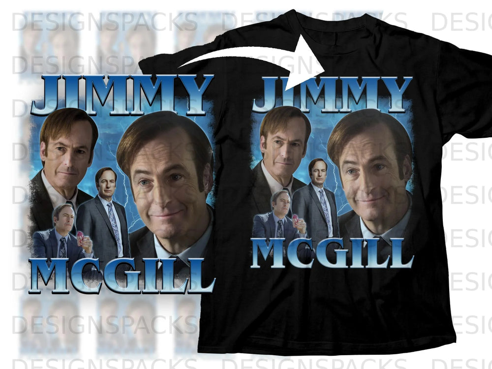 Black t-shirt with "JIMMY MCGILL" text and multiple images of a man.