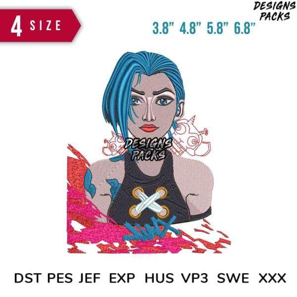 Blue-haired woman embroidery design with crossbones, available in 4 sizes and multiple file formats
