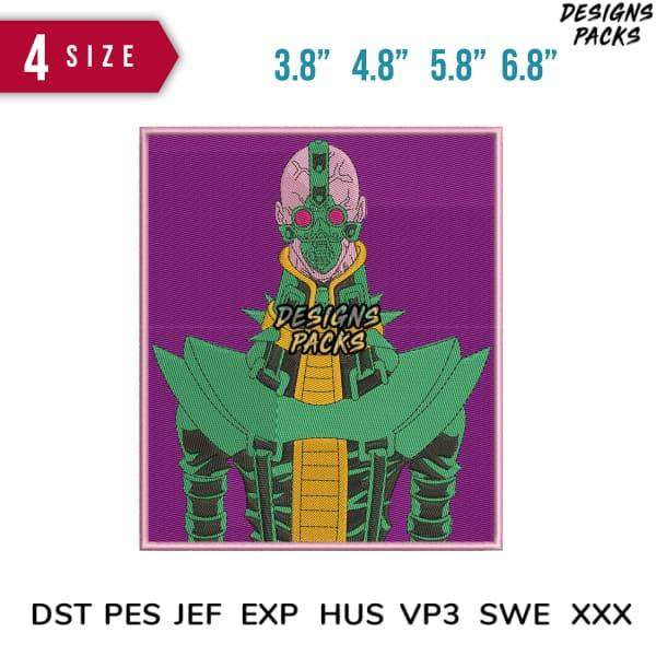 Embroidery design of green armored character with purple background, available in 4 sizes & multiple formats