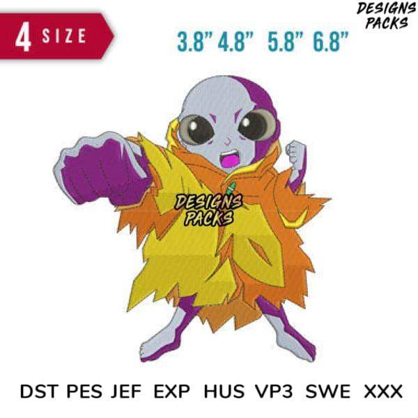 Print-ready embroidery design of anime character in yellow cloak, 4 sizes, DST PES JEF formats