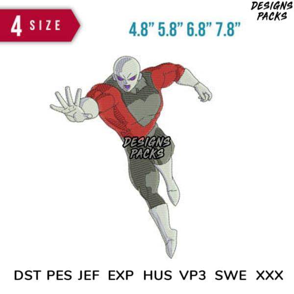 Frieza embroidery design in 4 sizes, compatible with DST PES JEF formats for machine embroidery projects.