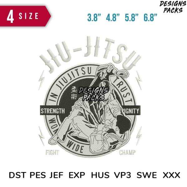 Jiu-Jitsu embroidery design with strength, trust, and dignity text, available in multiple sizes and formats