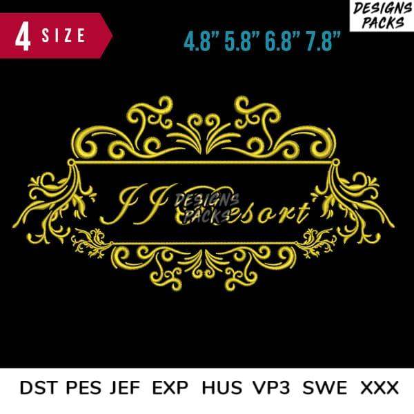 Gold ornate embroidery design with 4 sizes, compatible with DST PES JEF formats for instant download