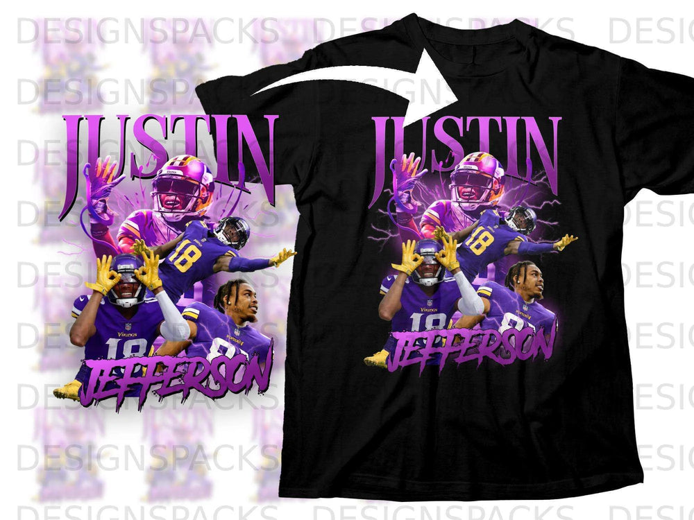 Black t-shirt with graphic of Justin Jefferson of the Vikings.