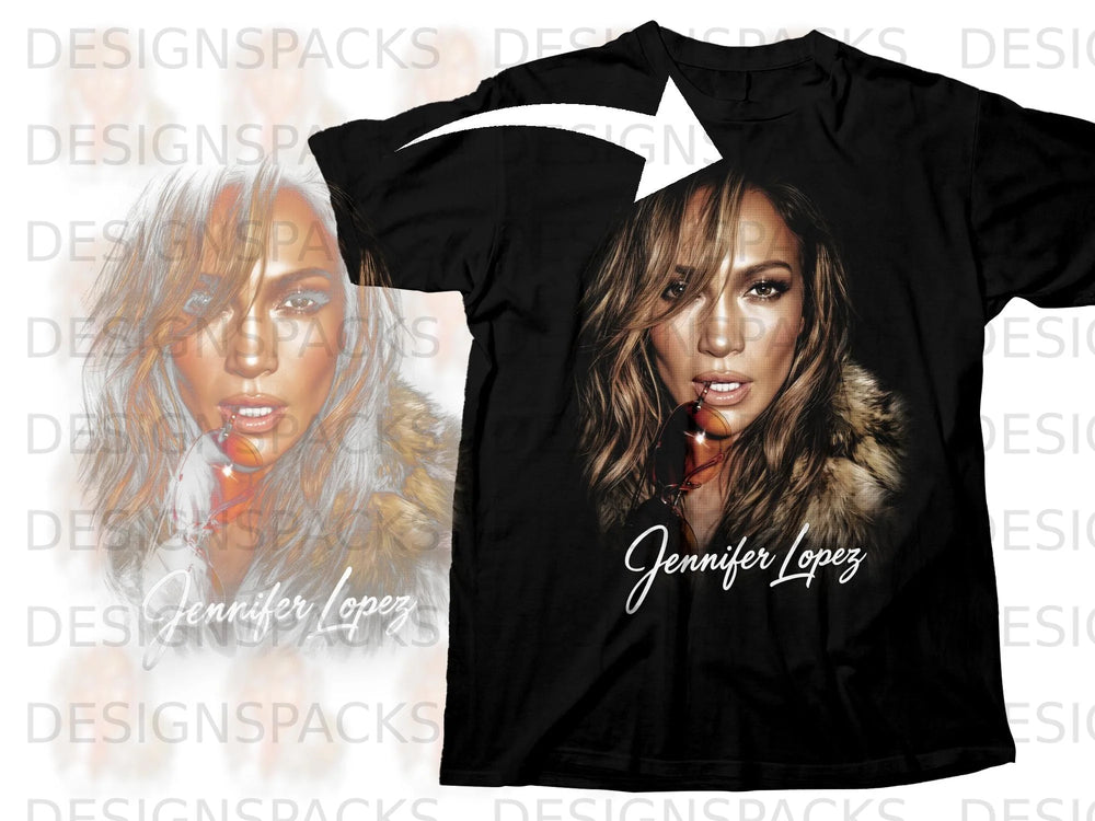 Black t-shirt featuring a portrait of Jennifer Lopez with sunglasses and fur collar.