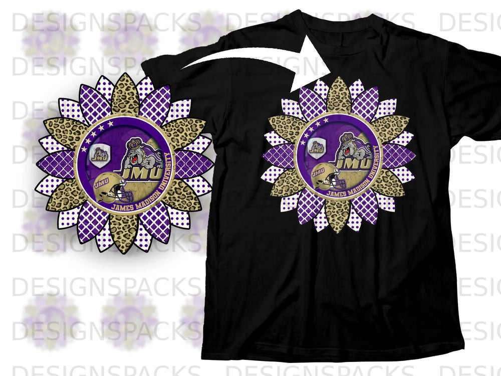 James Madison Dukes sunflower logo with purple, leopard print, and polka dot petals.
