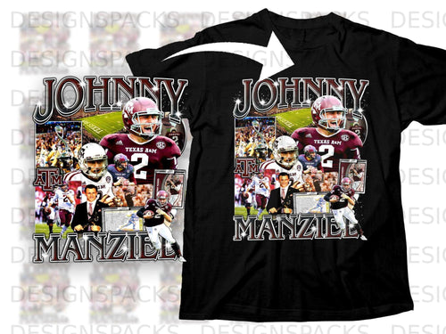 Johnny Manziel Texas A&M Aggies collage t-shirt with football imagery.