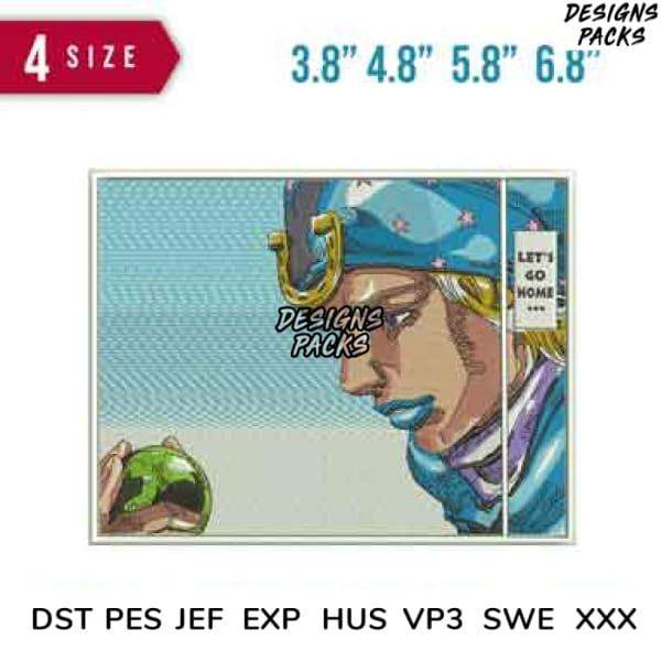 Anime-style embroidery design with blue hat, green orb, and text. Available in PES, DST, EXP formats for instant download.