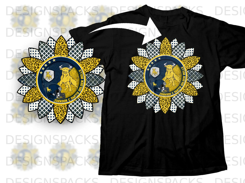 Sunflower graphic with Johnson C. Smith Golden Bulls logo on black t-shirt.