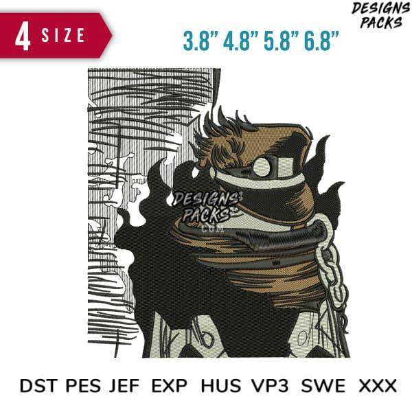 Embroidery design of a masked character with chains, available in multiple sizes and formats