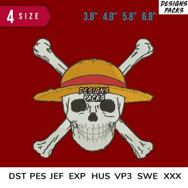 Skull with straw hat and crossbones, embroidery design in multiple sizes for DTF/DTG printing