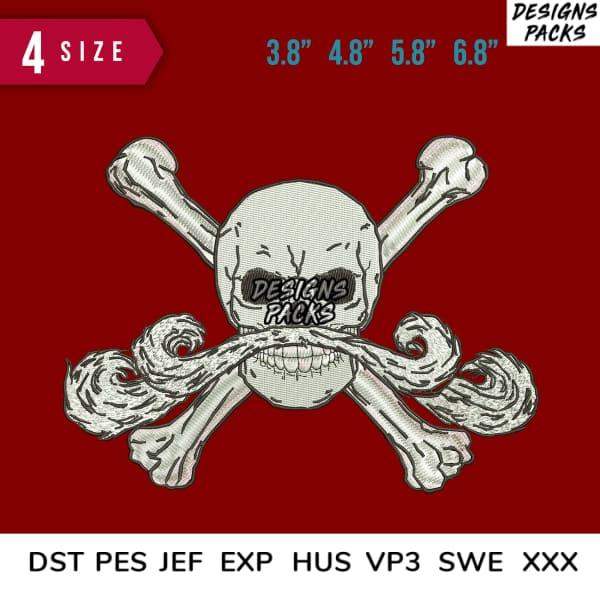 Skull and crossbones embroidery design in 4 sizes, compatible with DST PES JEF formats for instant download.