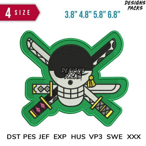 Embroidery design featuring skull with crossed swords, green border, available in DST PES JEF formats