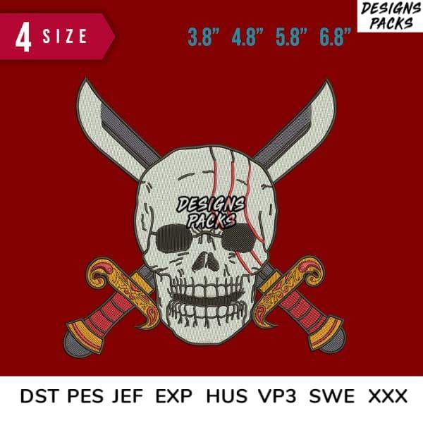 Skull with crossed swords embroidery design in multiple sizes, print-ready formats