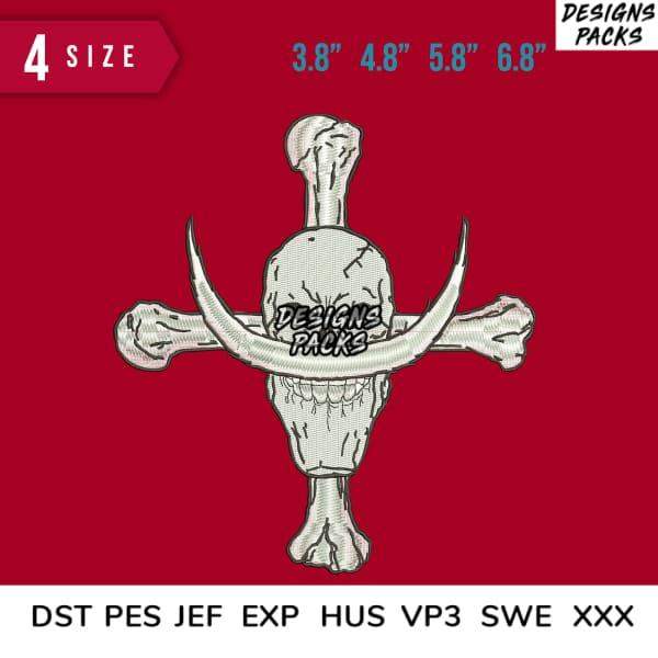 Skull and crossbones embroidery design in 4 sizes, compatible with DST PES JEF formats for instant download.
