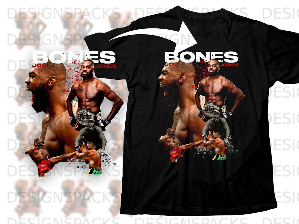 Black t-shirt with Jon "Bones" Jones UFC graphic on front.
