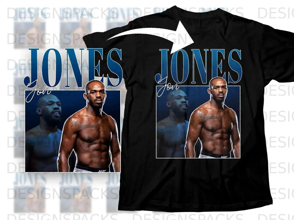 Black t-shirt with "JONES" logo and fighter illustration.