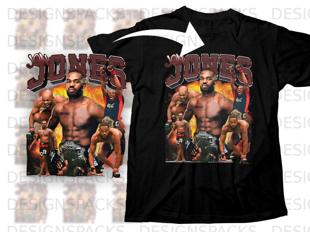 Jon Jones graphic t-shirt with UFC fighter images and "Jones" text.