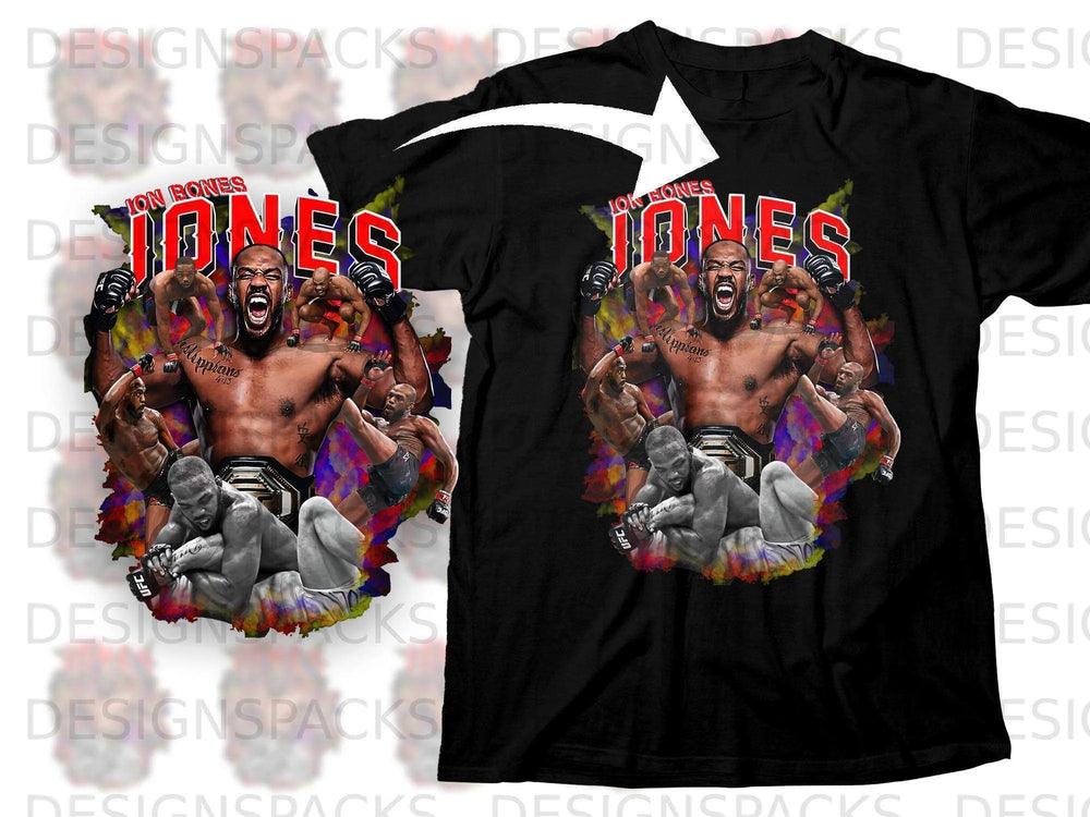Black t-shirt with Jon Jones artwork, UFC belt, and Philippians 4:13 text.
