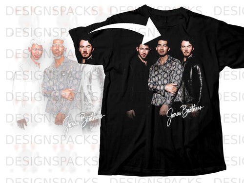 Black t-shirt with a graphic of the Jonas Brothers and their name in script.