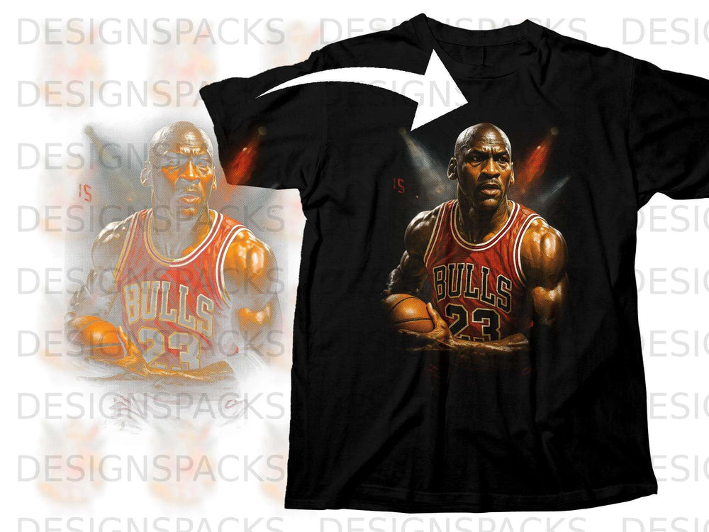 Black t-shirt with Michael Jordan in a Bulls jersey holding a basketball.