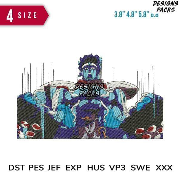Blue anime-style warrior embroidery design in PES, DST, EXP formats, 3.8”-5.8” sizes, print-ready for DTG/DTF