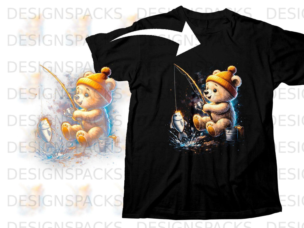 Bear wearing a hat fishing with a bucket and fish splash.