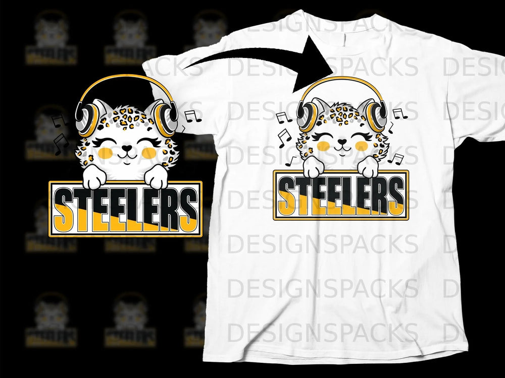 Cute leopard wearing headphones above "STEELERS" text and musical notes.
