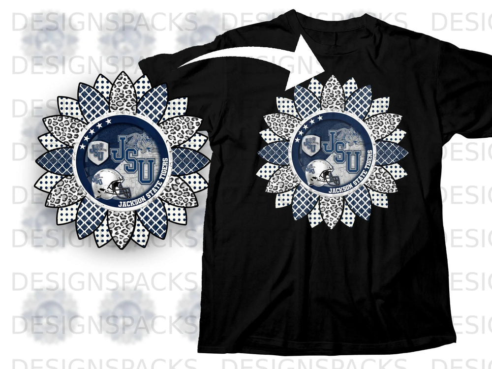Sunflower graphic with JSU logo, football helmet, and "Jackson State Tigers".