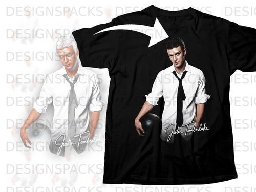 Black t-shirt with Justin Timberlake graphic and signature.