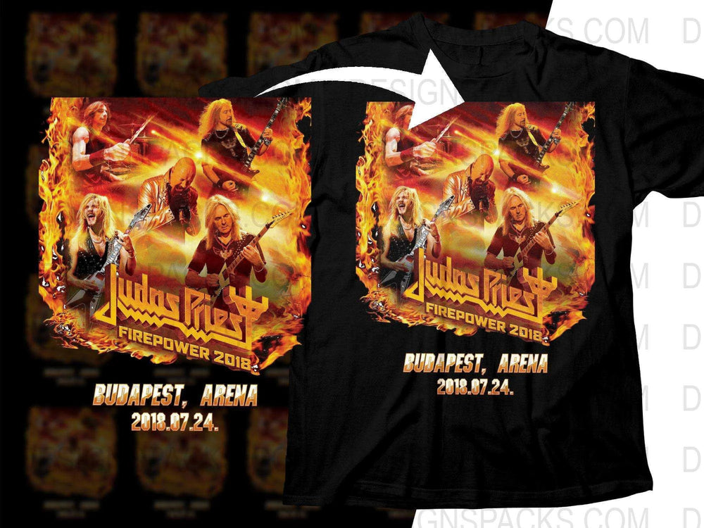 Judas Priest Firepower 2018 concert design on black t-shirt, Budapest Arena event graphic