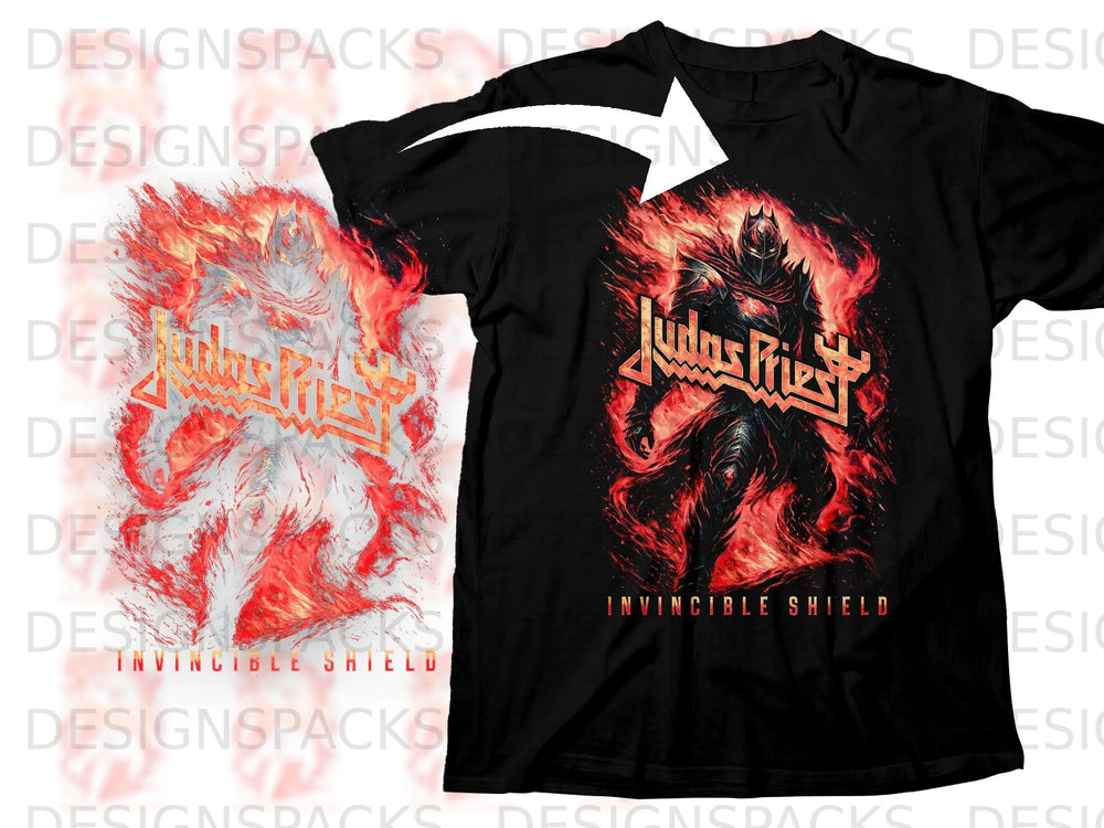 Black t-shirt with Judas Priest "Invincible Shield" graphic featuring a fiery armored figure.