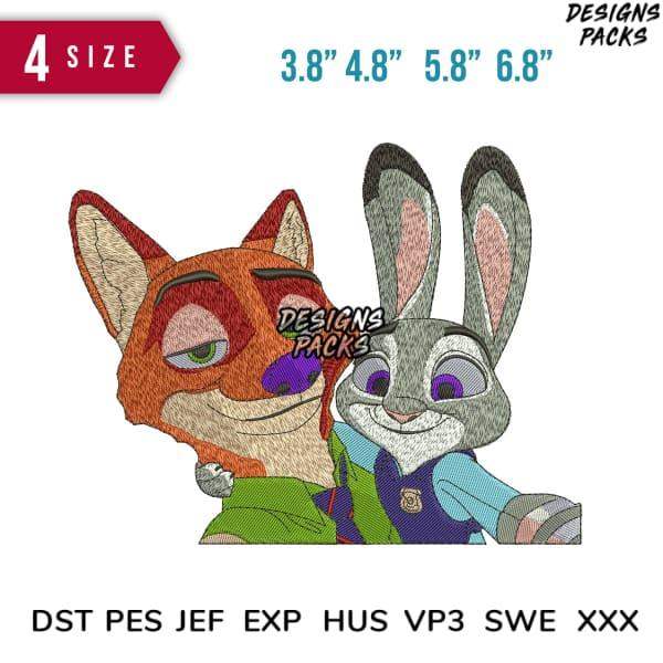 Embroidery design of fox and rabbit characters in 4 sizes, compatible with DST PES JEF formats