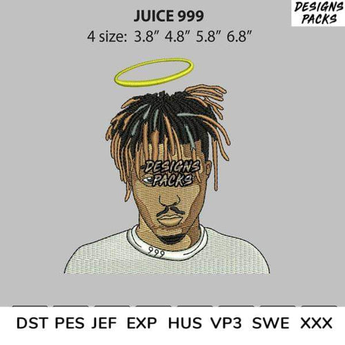 Juice 999 embroidery design with halo, dreadlocks, and 999 shirt – available in DST, PES, JEF formats