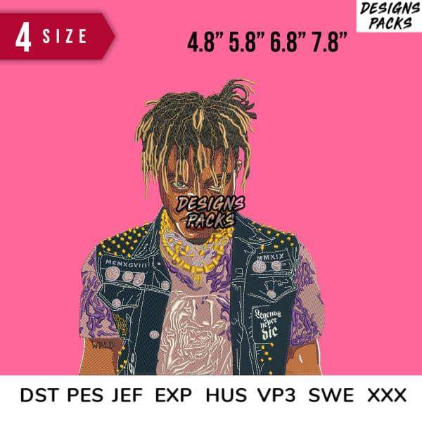 Embroidery design of stylized rapper with dreadlocks, denim vest, gold chains — available in DST PES JEF formats, 4 sizes