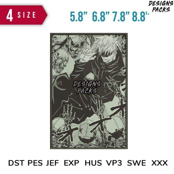 Anime-style embroidery design with skulls, available in 4 sizes & multiple formats like PES, DST, EXP for instant download