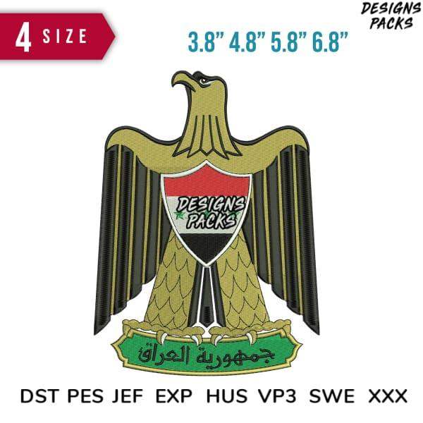 Embroidery design of Iraqi eagle emblem with shield, available in 4 sizes and multiple formats like PES, DST, EXP