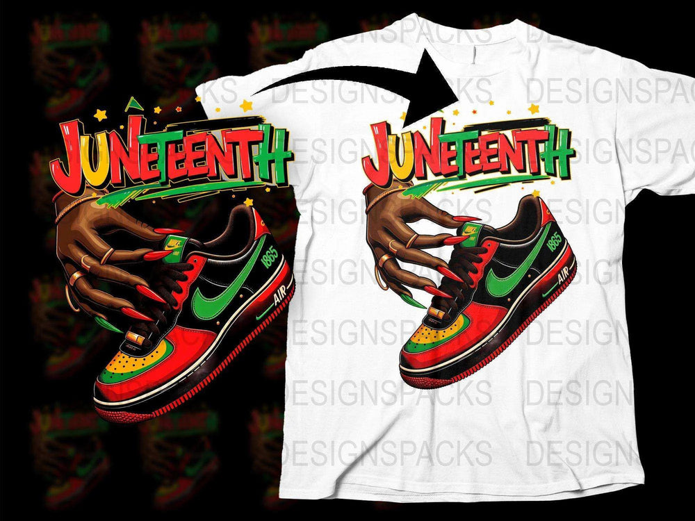 Juneteenth Celebration T-Shirt with Sneaker Graphics, Vibrant Red Green Black Design, Unisex Fashion Tee, Custom Holiday Apparel