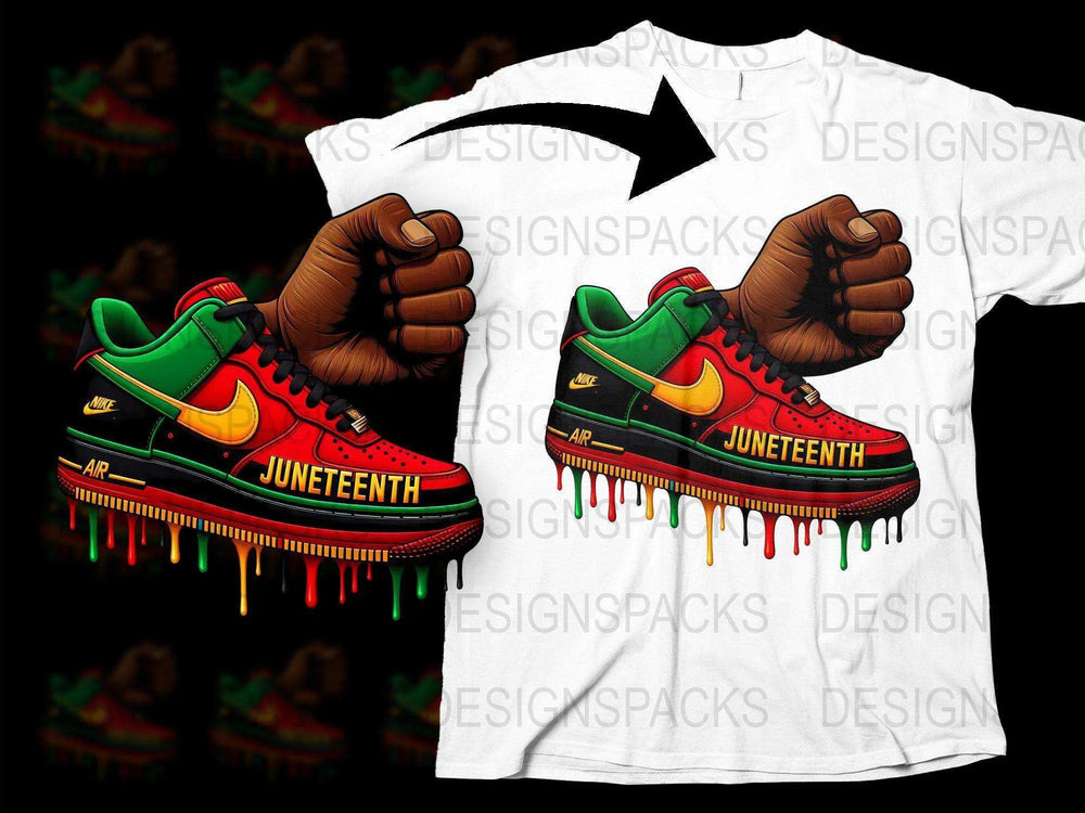 Juneteenth Celebration T-Shirt, Colorful Dripping Sneaker Design, Vibrant Red and Green, Unisex Fashion Tee