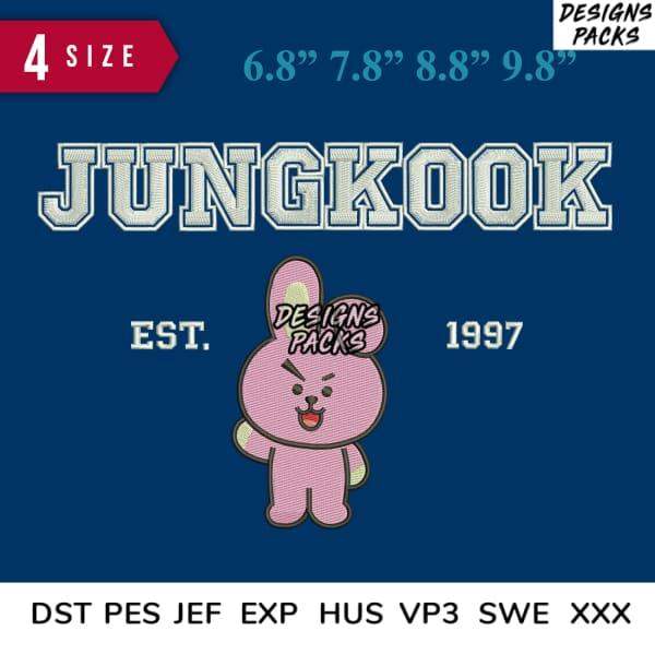 Jungkook embroidery design with pink bunny, 4 sizes, DST PES JEF formats, est. 1997