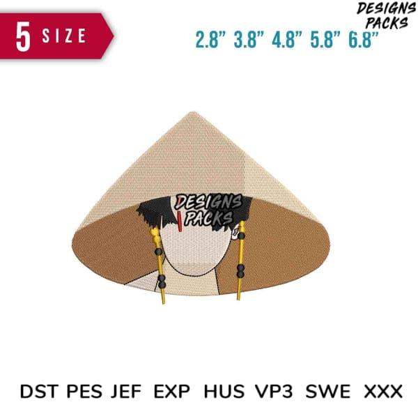 Embroidery design of a character with a conical hat in multiple sizes, compatible with DST, PES, JEF formats
