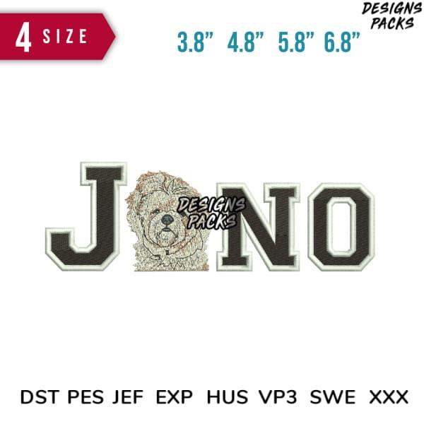Embroidery design with dog face in letter O, 4 sizes, DST PES JEF formats