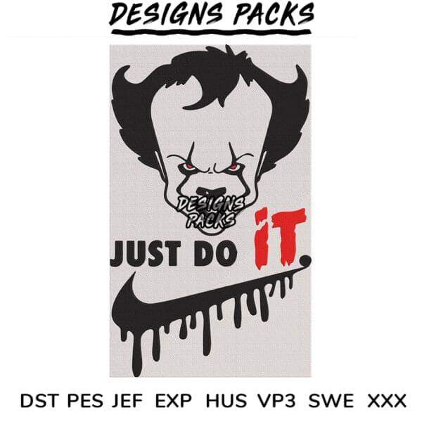 Creepy clown face with 'Just Do It' text, dripping Nike swoosh, embroidery design formats listed below