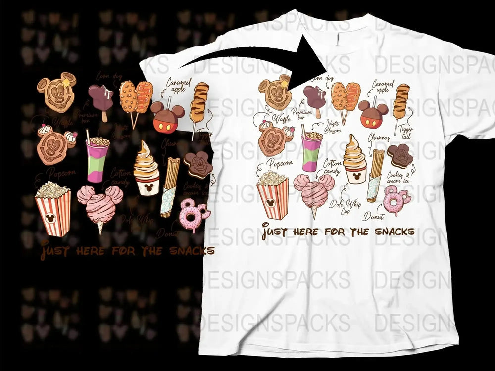 Cute Snack Theme T-Shirt, Fun Food Graphics, Popcorn Doughnuts Coffee, Casual Wear