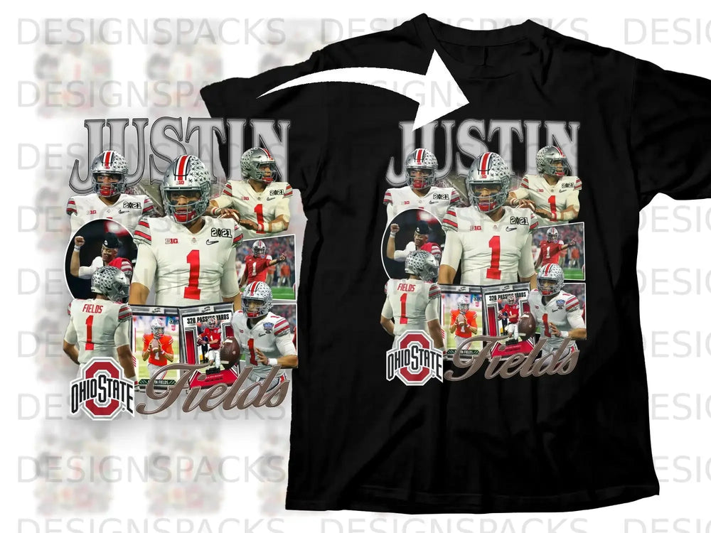 Justin Fields collage t-shirt with "Ohio State" and "320 Passing Yards" text.