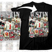 Justin Fields collage t-shirt with "Ohio State" and "320 Passing Yards" text.
