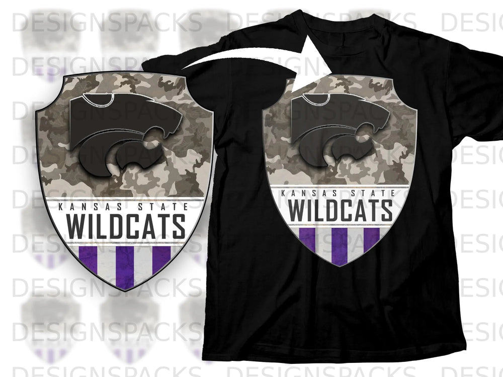 Kansas State Wildcats logo on camouflage shield with purple stripes.
