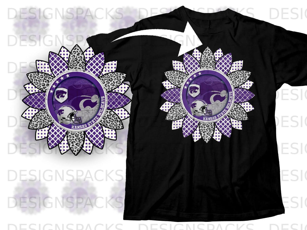 Kansas State Wildcats logo sunflower design on black t-shirt.