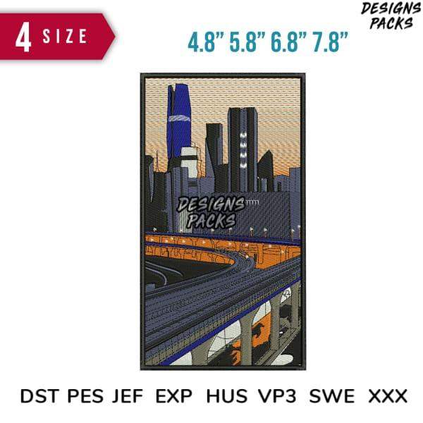 City skyline embroidery design in 4 sizes, print-ready PES DST formats for urban apparel