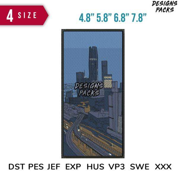Cityscape embroidery design in 4 sizes, compatible with DST PES JEF formats for instant download